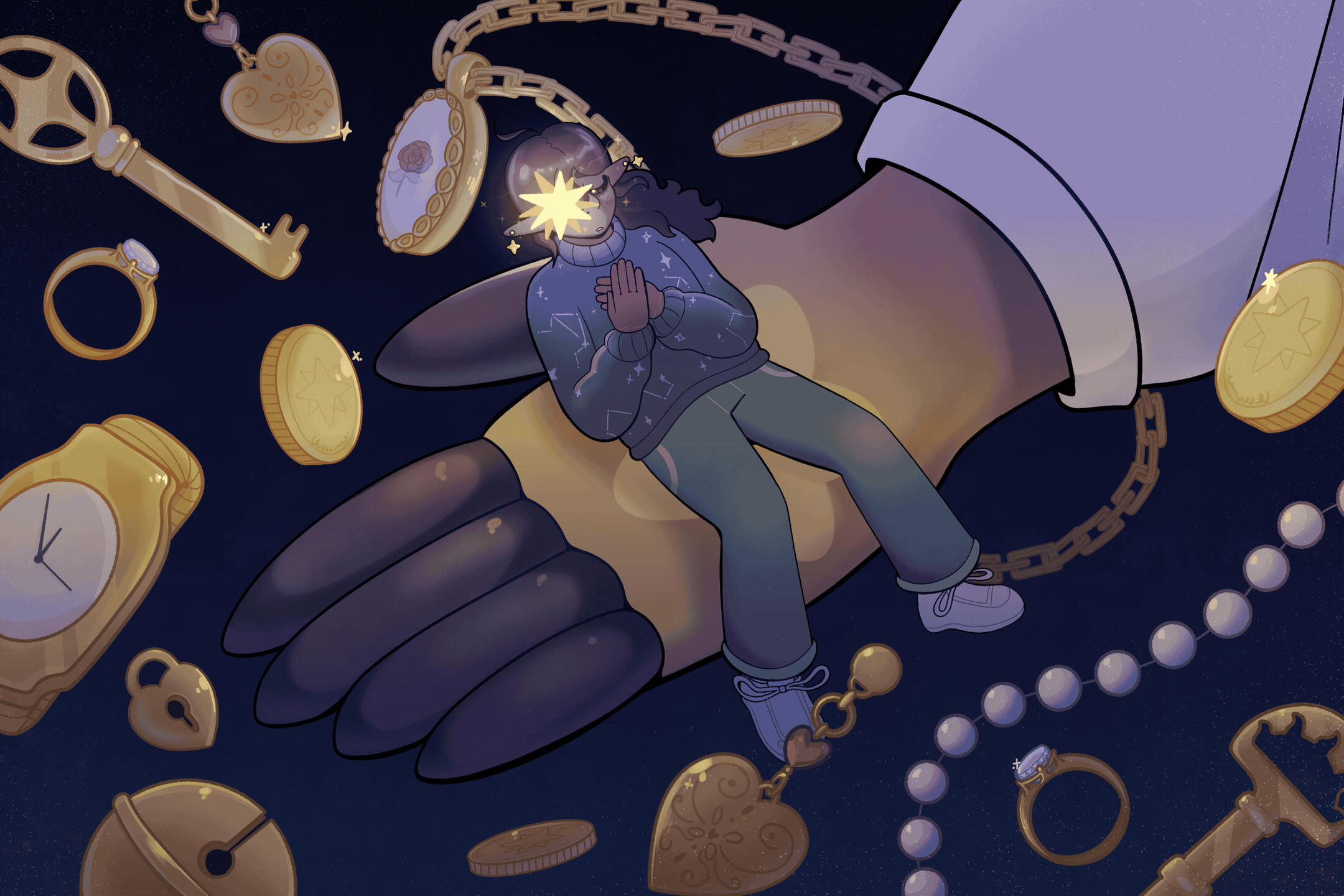 To be loved Bluet, an elf character who's holding her chest. There's a golden star over her right eye. Holding her, is the enlarged hand of another character. Surrounding the scene is various pieces of gold jewelry, pearls and other valuable trinkets.